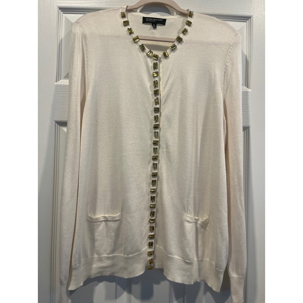 Jones New York Collection Cream Beaded Cardigan Sweater XL Ivory Gemstone Trim